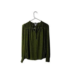 Carolina Belle Women's Green Black Printed Long Sleeve Ruffle Elastic Top S